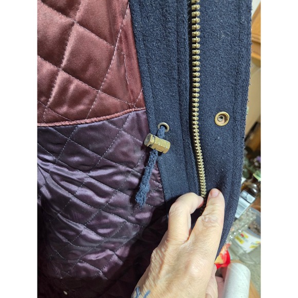 Very special vintage London Fog Men's Navy Wool Coat Hooded Leather Trim Size L - Picture 10 of 13